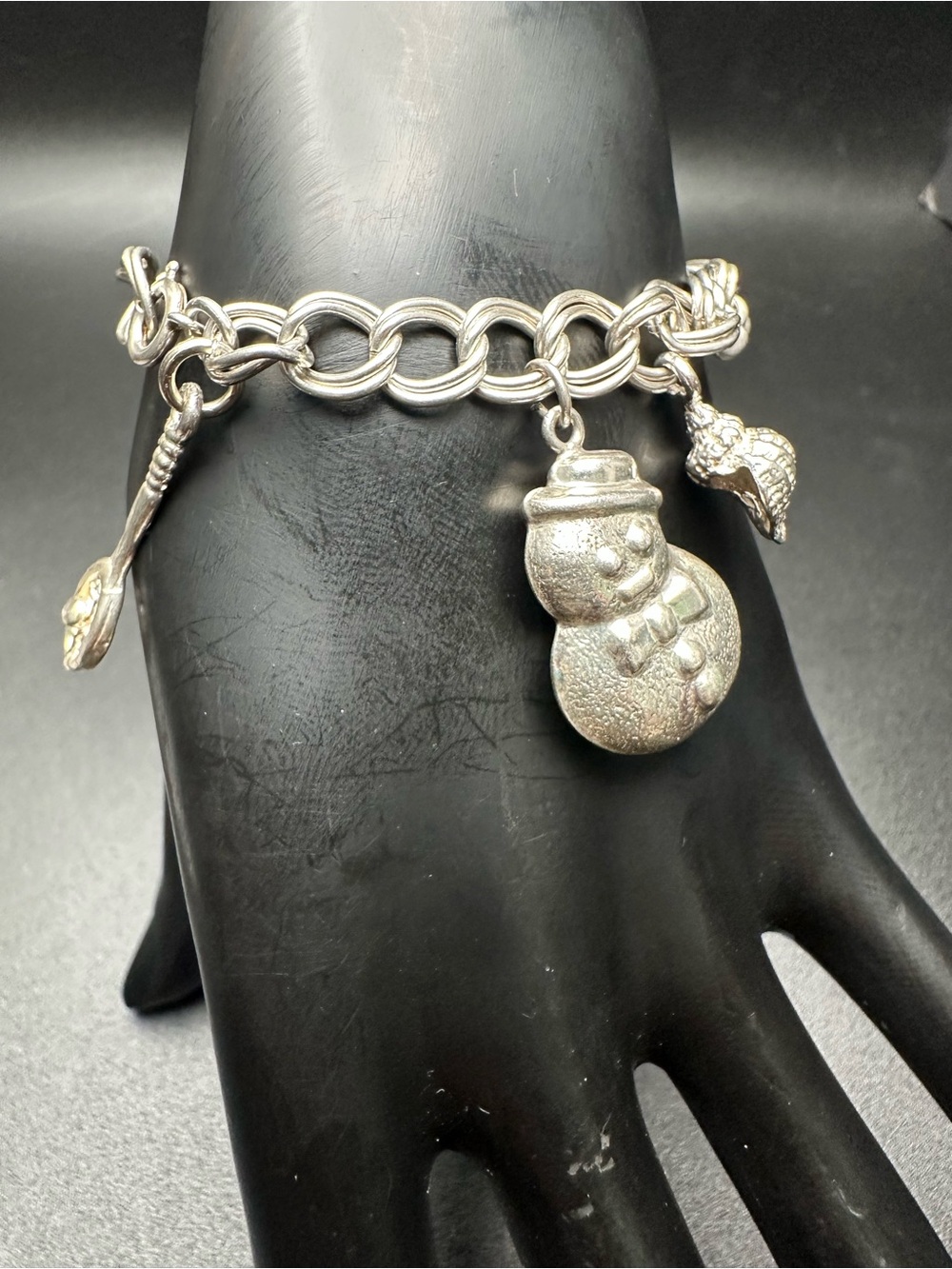 Vintage Sterling Loaded Charm Bracelet, Snowman & Shells, 7”